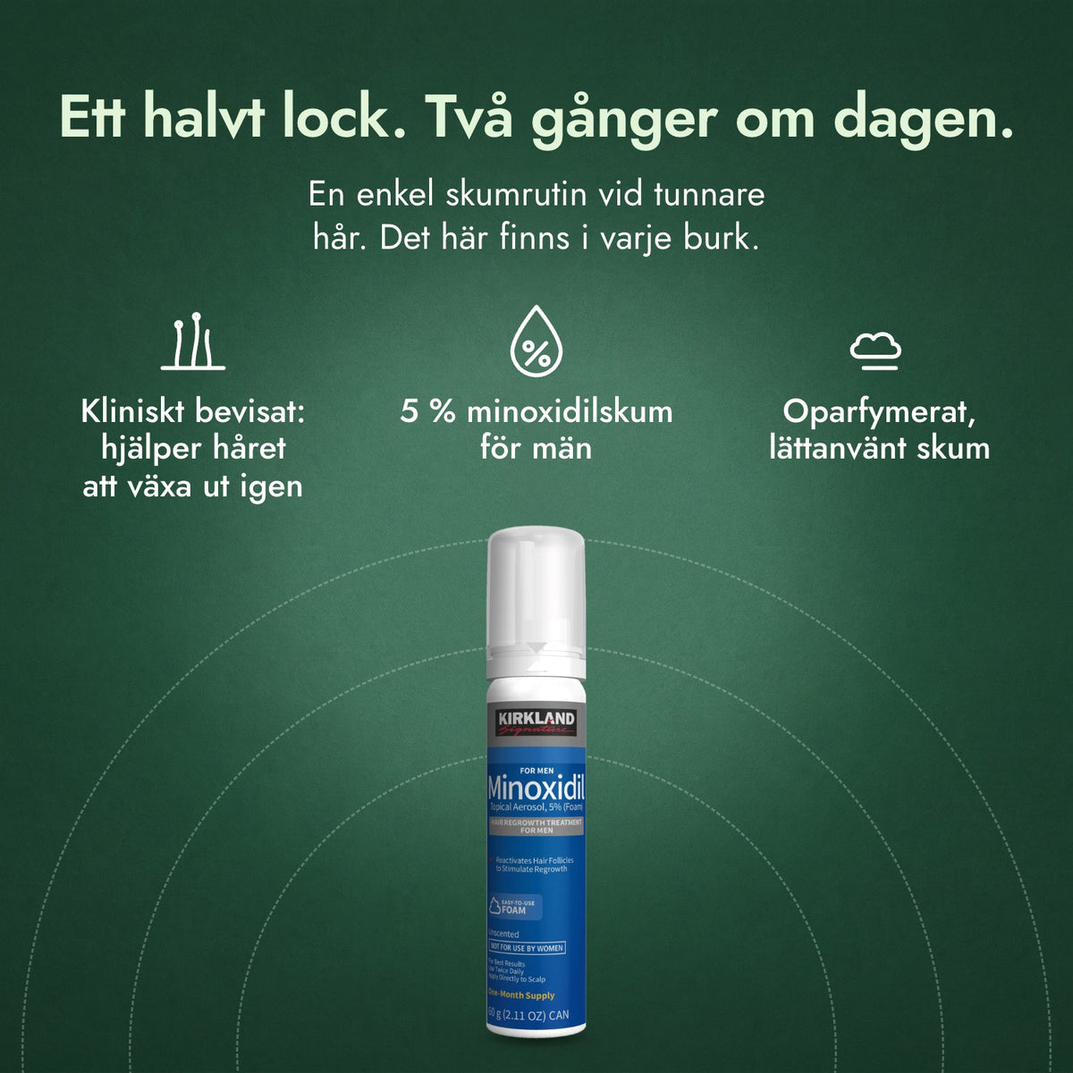 Kirkland Signature Minoxidil skum 5 %: Ett halvt lock. Två gånger om dagen. Kliniskt bevisat: hjälper håret att växa ut igen, 5 % minoxidilskum för män, Oparfymerat, lättanvänt skum