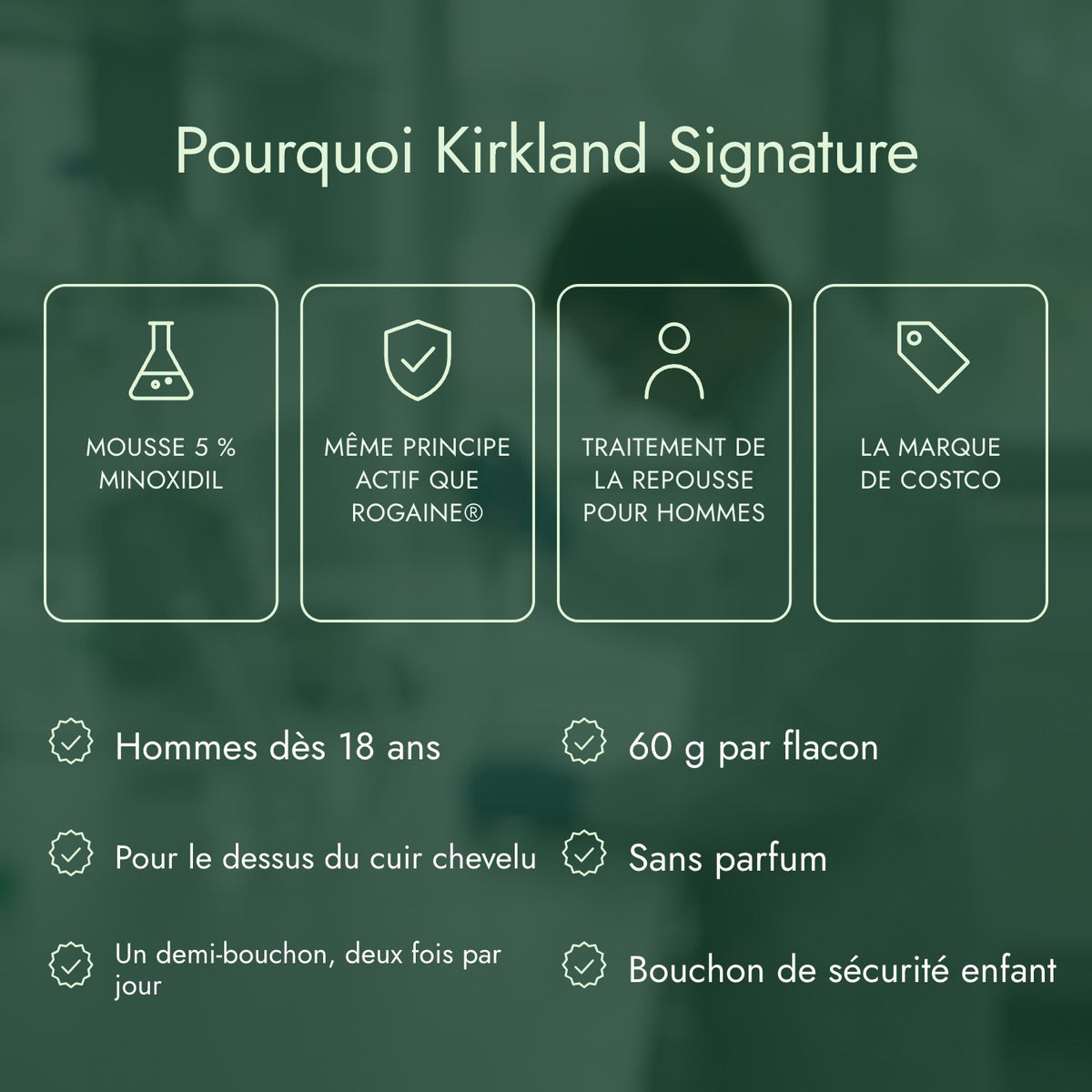 Pourquoi Kirkland Signature: Mousse 5 % minoxidil, Même principe actif que Rogaine®, Traitement de la repousse pour hommes, La marque de Costco