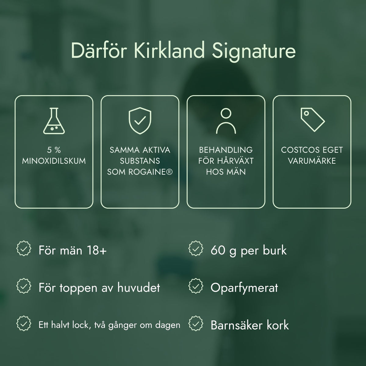 Därför Kirkland Signature: 5 % minoxidilskum, Samma aktiva substans som Rogaine®, Behandling för hårväxt hos män, Costcos eget varumärke