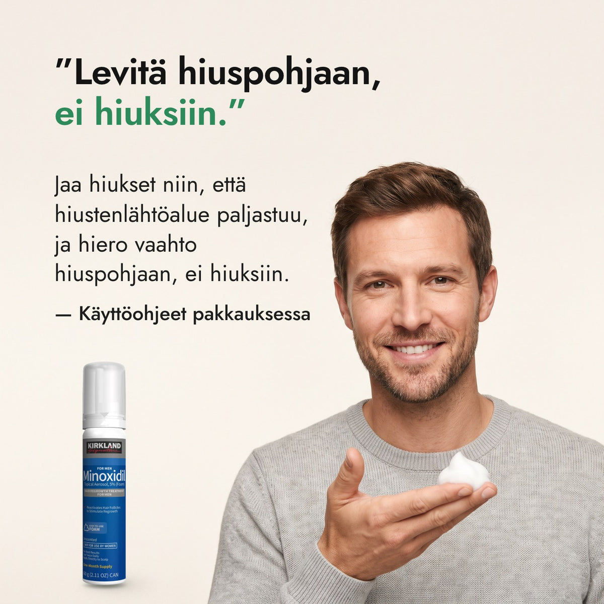Levitä hiuspohjaan, ei hiuksiin. — Käyttöohjeet pakkauksessa