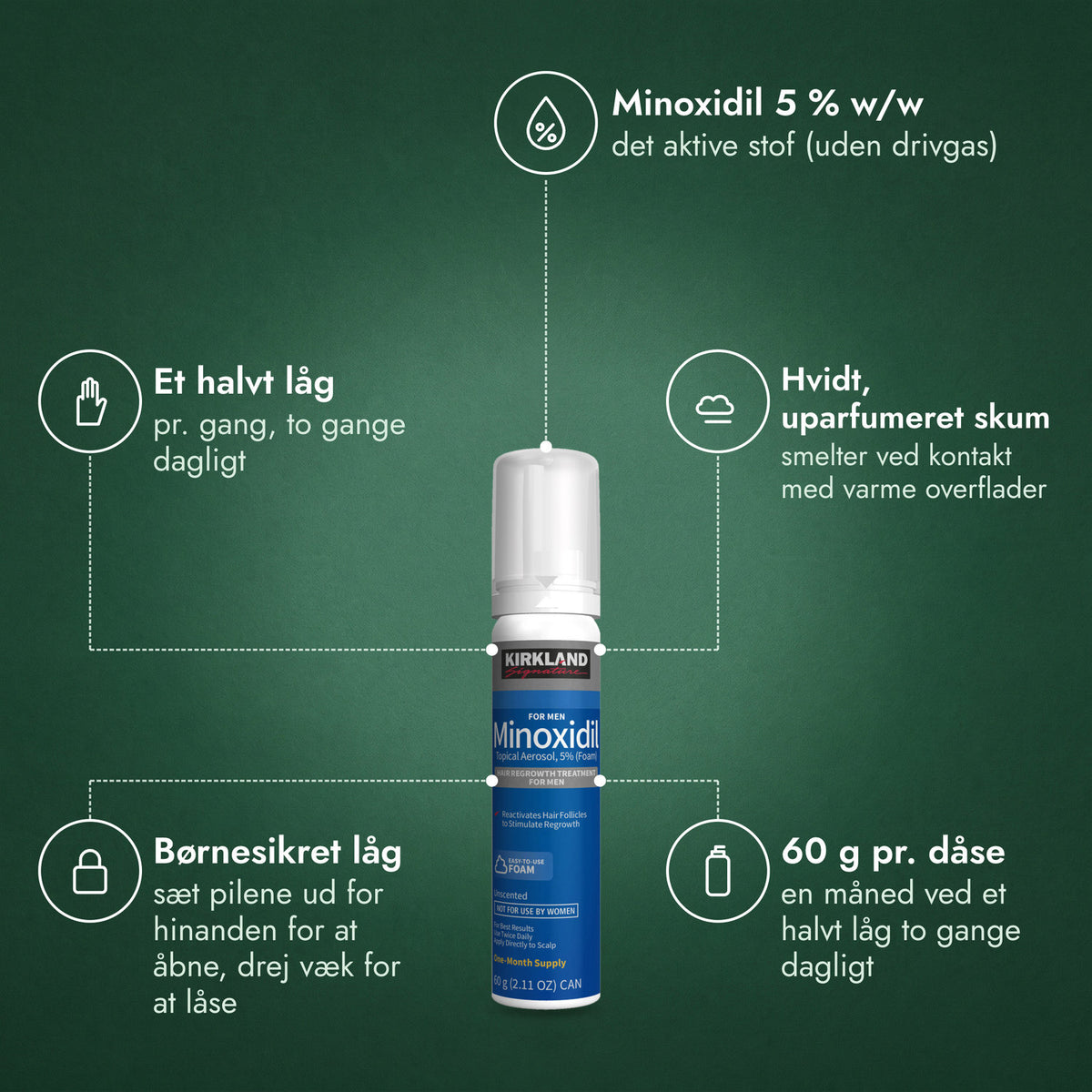 Kirkland Signature Minoxidil skum 5 %: Minoxidil 5 % w/w, Et halvt låg, Hvidt, uparfumeret skum, Børnesikret låg, 60 g pr. dåse