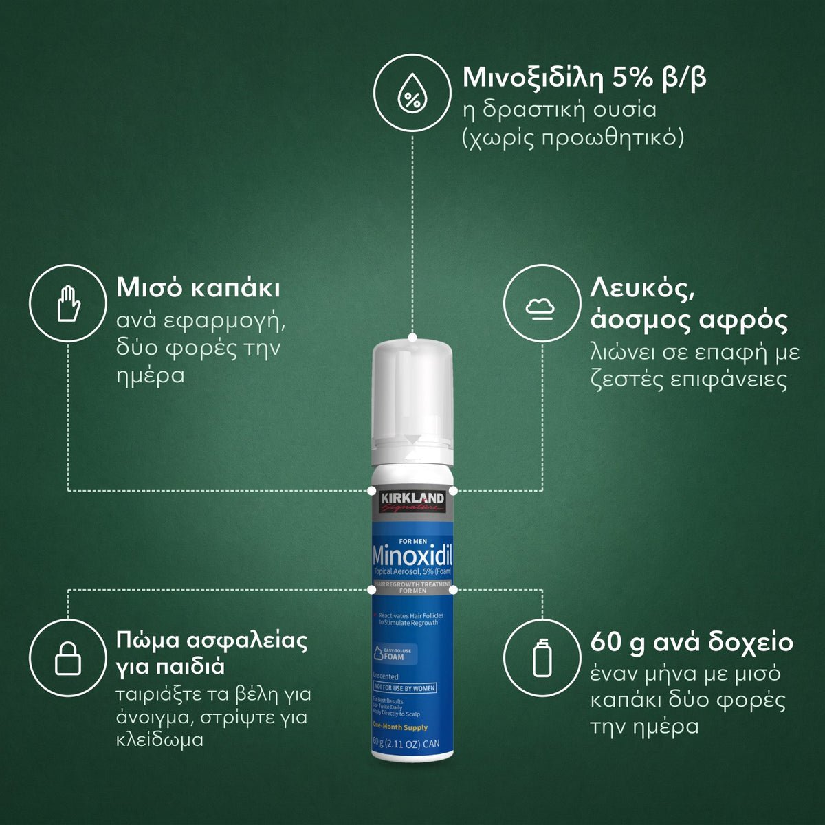 Kirkland Signature αφρός μινοξιδίλης 5%: Μινοξιδίλη 5% β/β, Μισό καπάκι, Λευκός, άοσμος αφρός, Πώμα ασφαλείας για παιδιά, 60 g ανά δοχείο