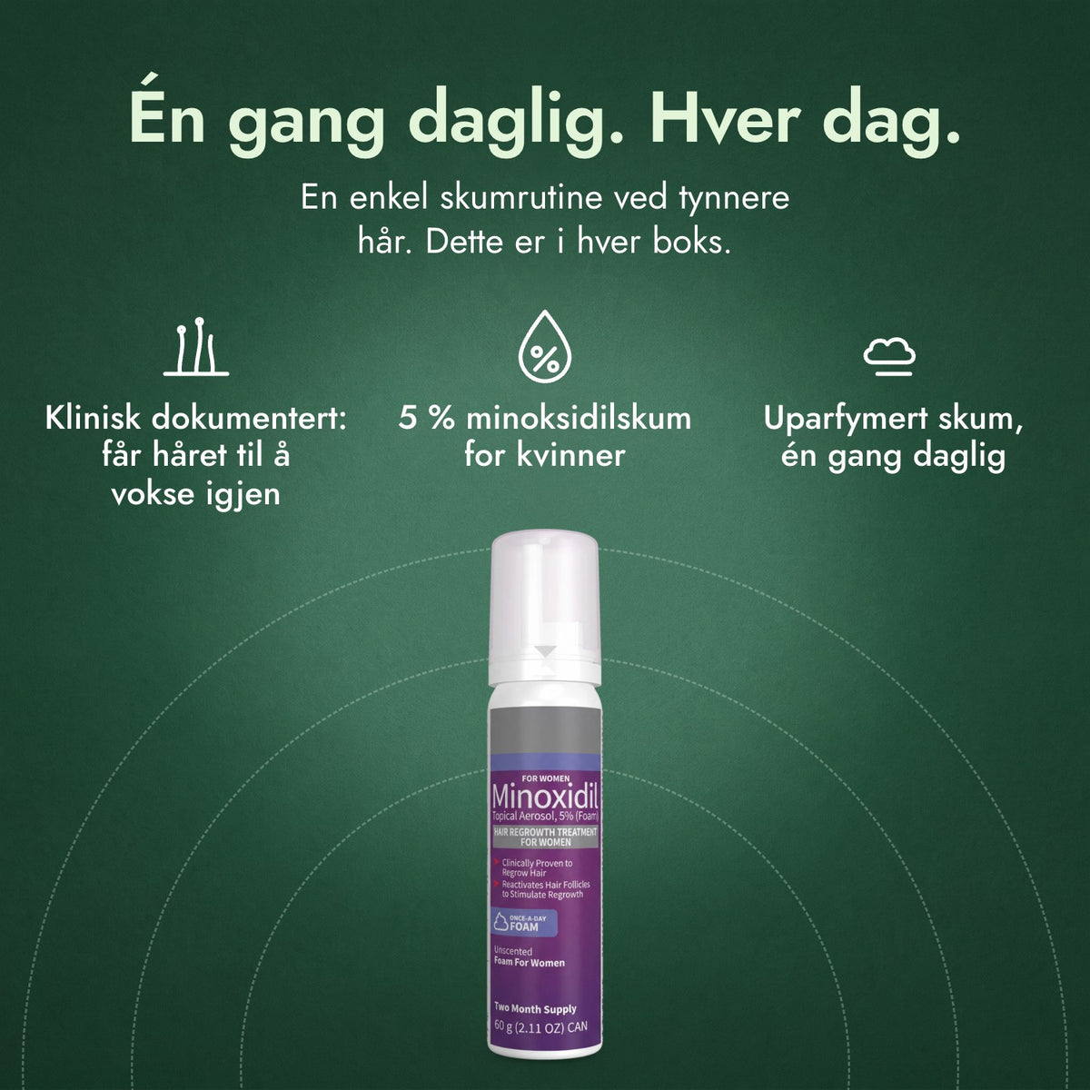Minoksidilskum 5 % for kvinner: Én gang daglig. Hver dag. Klinisk dokumentert: får håret til å vokse igjen, 5 % minoksidilskum for kvinner, Uparfymert skum, én gang daglig