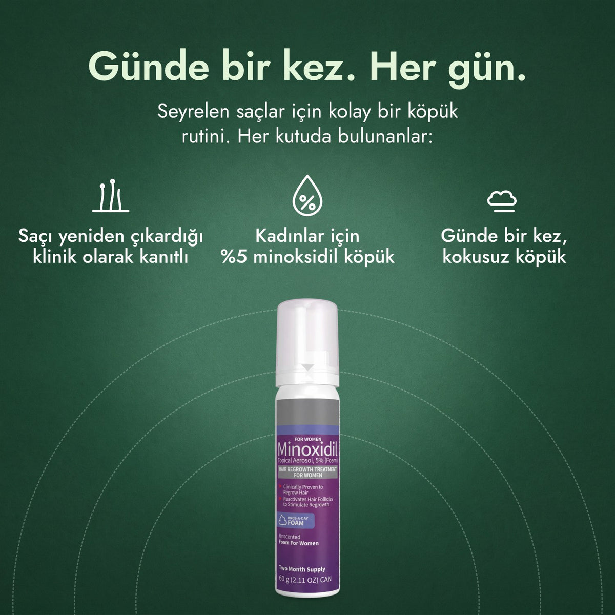 Kadınlar için %5 Minoksidil Köpük: Günde bir kez. Her gün. Saçı yeniden çıkardığı klinik olarak kanıtlı, Kadınlar için %5 minoksidil köpük, Günde bir kez, kokusuz köpük