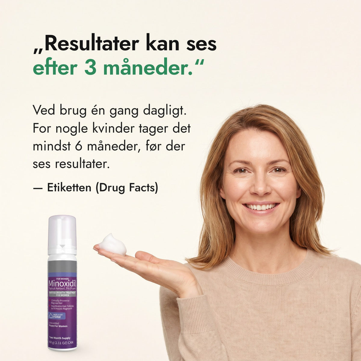 Resultater kan ses efter 3 måneder. — Etiketten (Drug Facts)