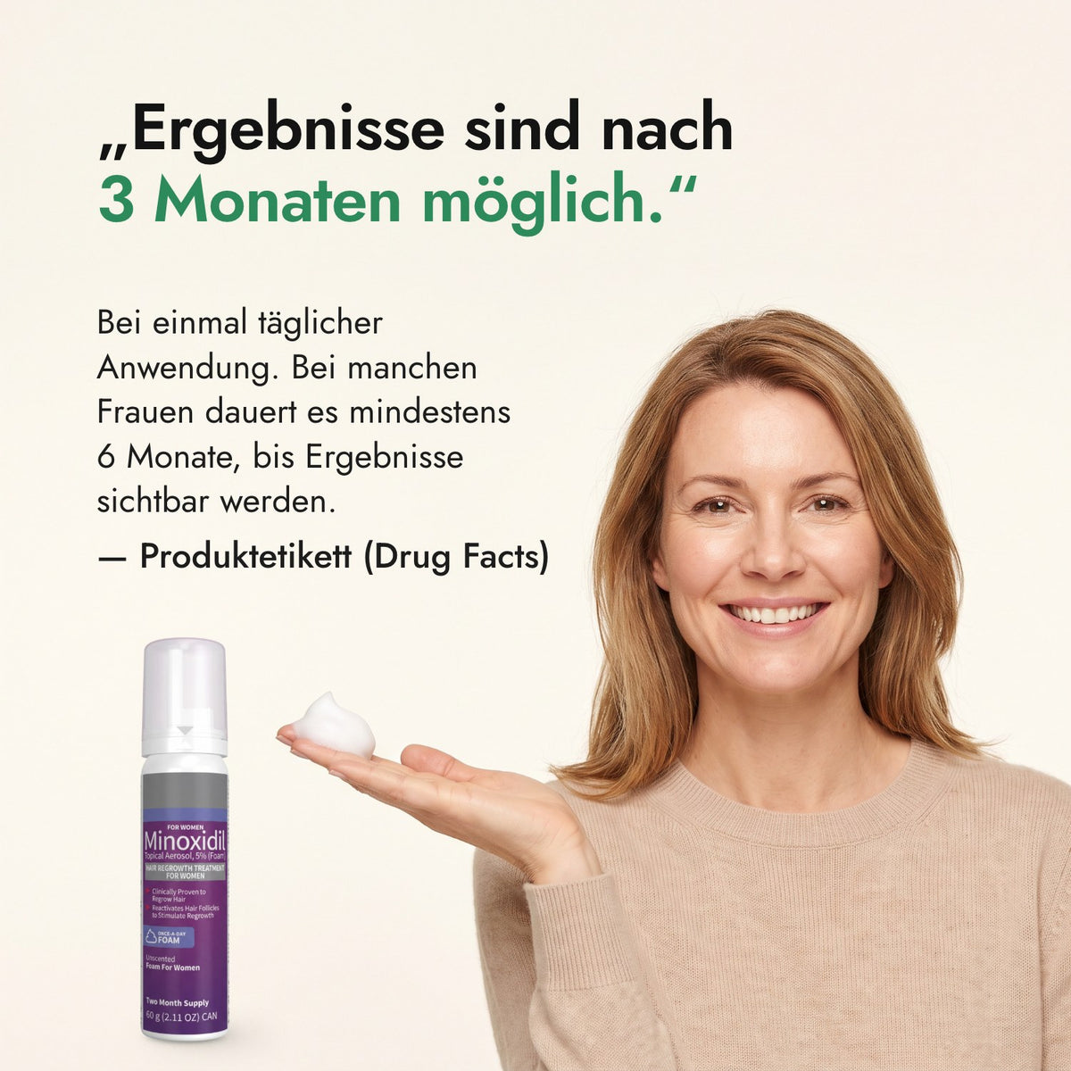 Ergebnisse sind nach 3 Monaten möglich. — Produktetikett (Drug Facts)