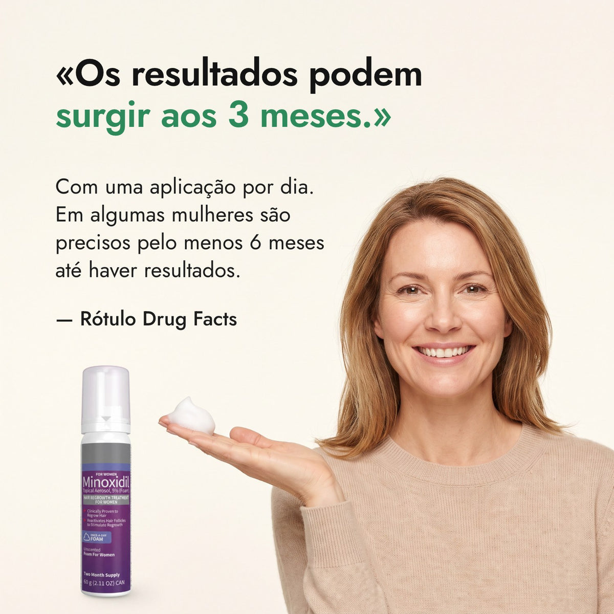 Os resultados podem surgir aos 3 meses. — Rótulo Drug Facts
