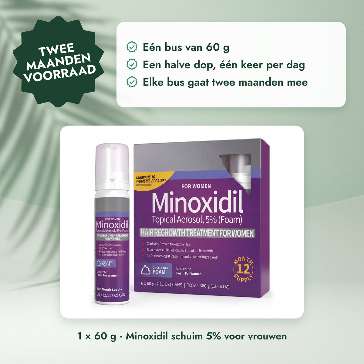 1 × 60 g · Minoxidil schuim 5% voor vrouwen: Twee maanden voorraad