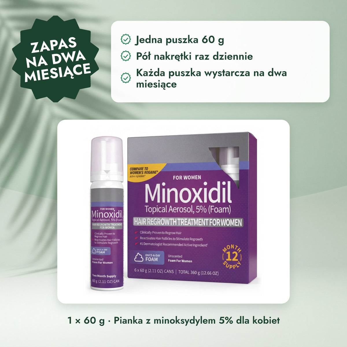 1 × 60 g · Pianka z minoksydylem 5% dla kobiet: Zapas na dwa miesiące