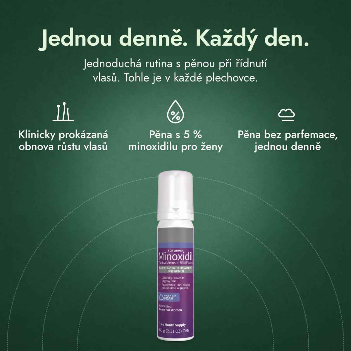 Minoxidil pěna 5 % pro ženy: Jednou denně. Každý den. Klinicky prokázaná obnova růstu vlasů, Pěna s 5 % minoxidilu pro ženy, Pěna bez parfemace, jednou denně