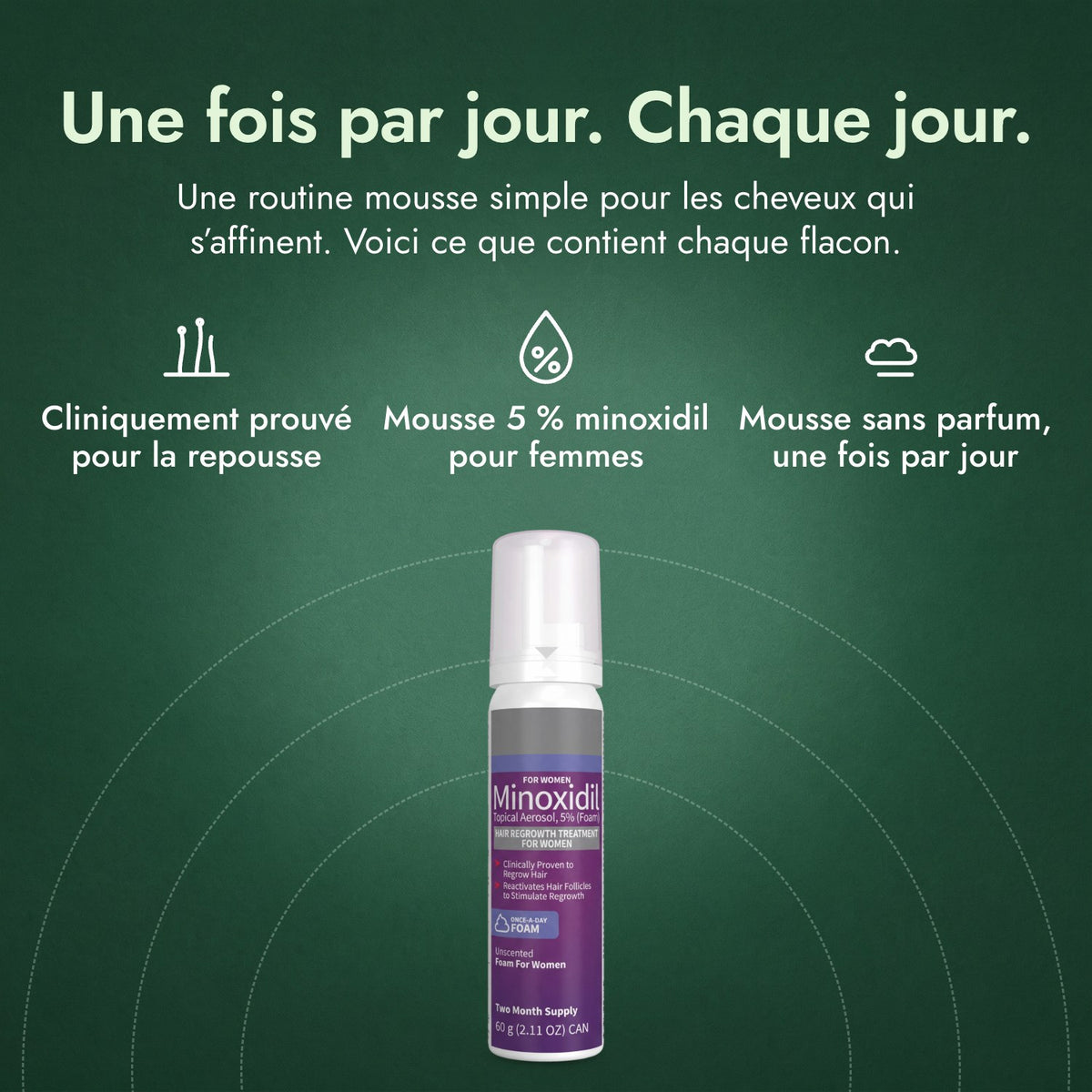 Minoxidil mousse 5 % pour femmes: Une fois par jour. Chaque jour. Cliniquement prouvé pour la repousse, Mousse 5 % minoxidil pour femmes, Mousse sans parfum, une fois par jour