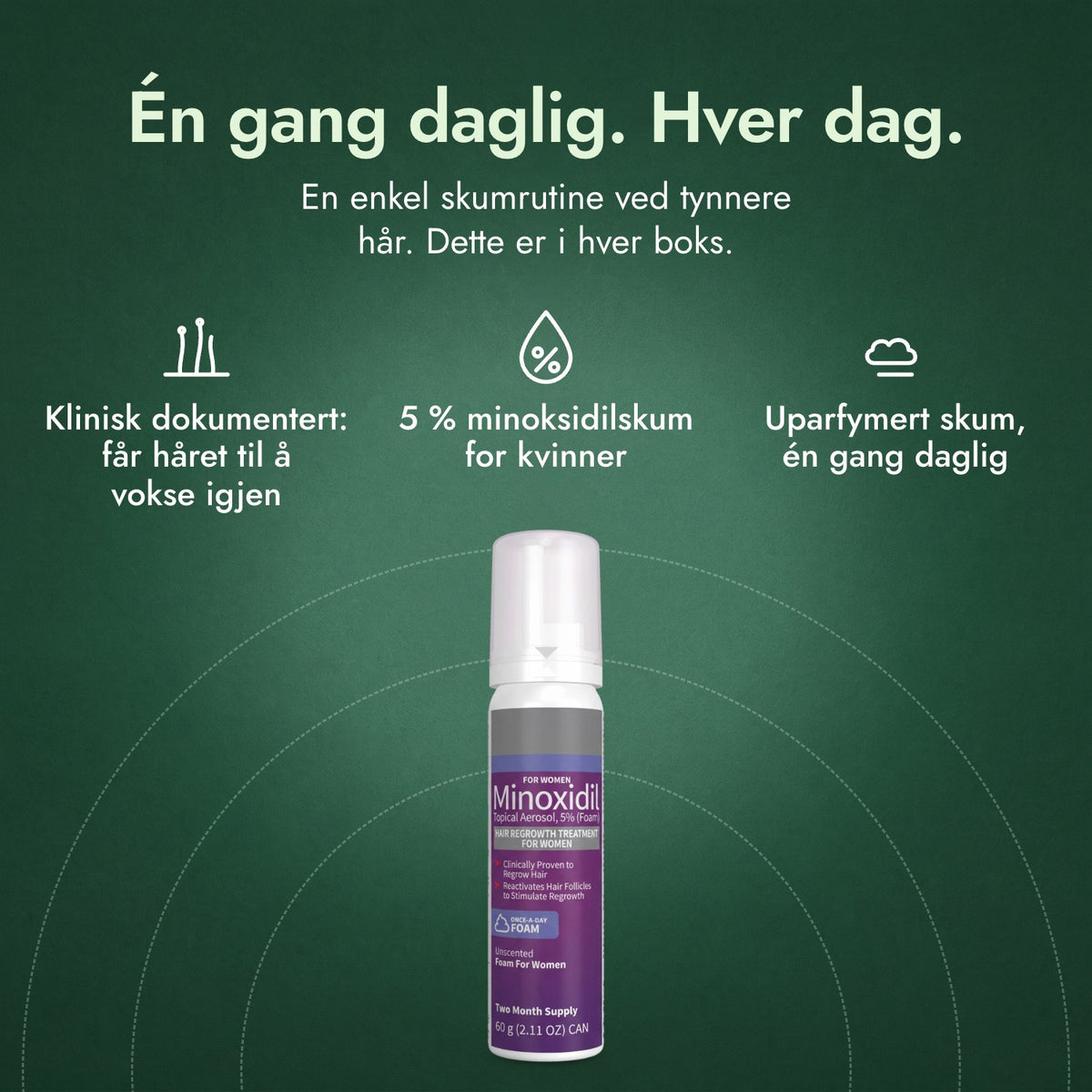 Minoksidilskum 5 % for kvinner: Én gang daglig. Hver dag. Klinisk dokumentert: får håret til å vokse igjen, 5 % minoksidilskum for kvinner, Uparfymert skum, én gang daglig