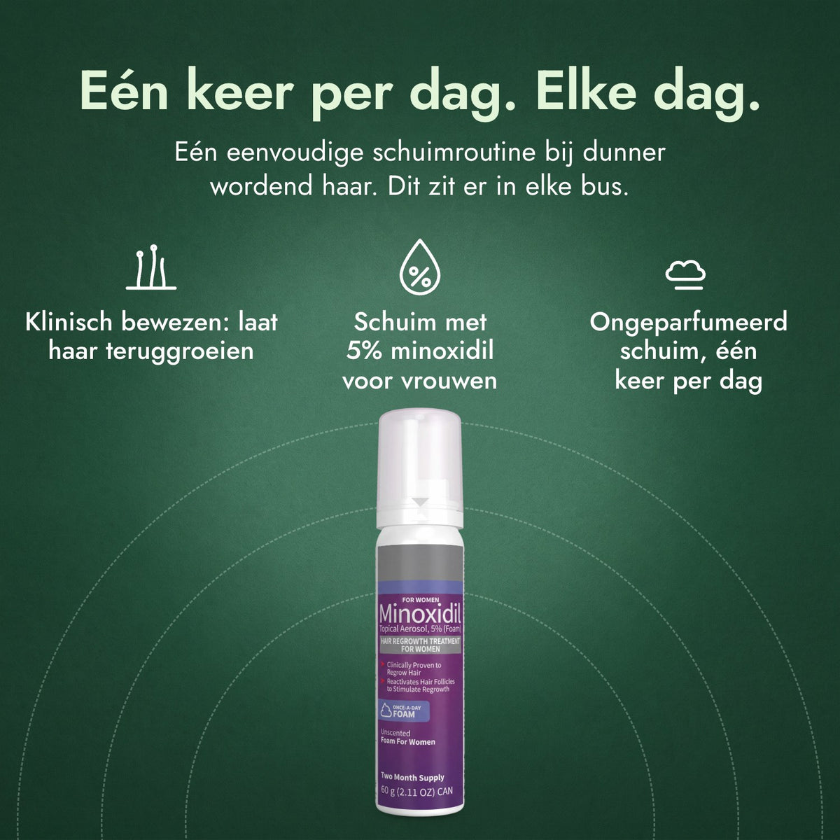 Minoxidil schuim 5% voor vrouwen: Eén keer per dag. Elke dag. Klinisch bewezen: laat haar teruggroeien, Schuim met 5% minoxidil voor vrouwen, Ongeparfumeerd schuim, één keer per dag