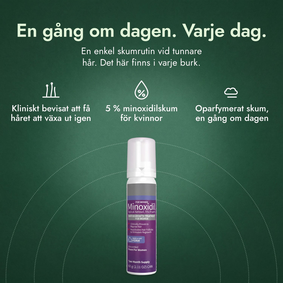 Minoxidil skum 5 % för kvinnor: En gång om dagen. Varje dag. Kliniskt bevisat att få håret att växa ut igen, 5 % minoxidilskum för kvinnor, Oparfymerat skum, en gång om dagen