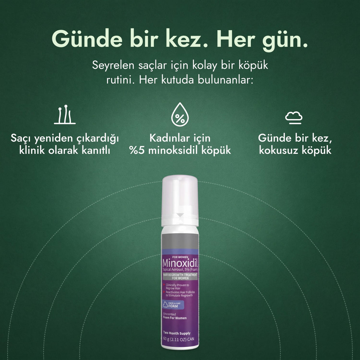 Kadınlar için %5 Minoksidil Köpük: Günde bir kez. Her gün. Saçı yeniden çıkardığı klinik olarak kanıtlı, Kadınlar için %5 minoksidil köpük, Günde bir kez, kokusuz köpük