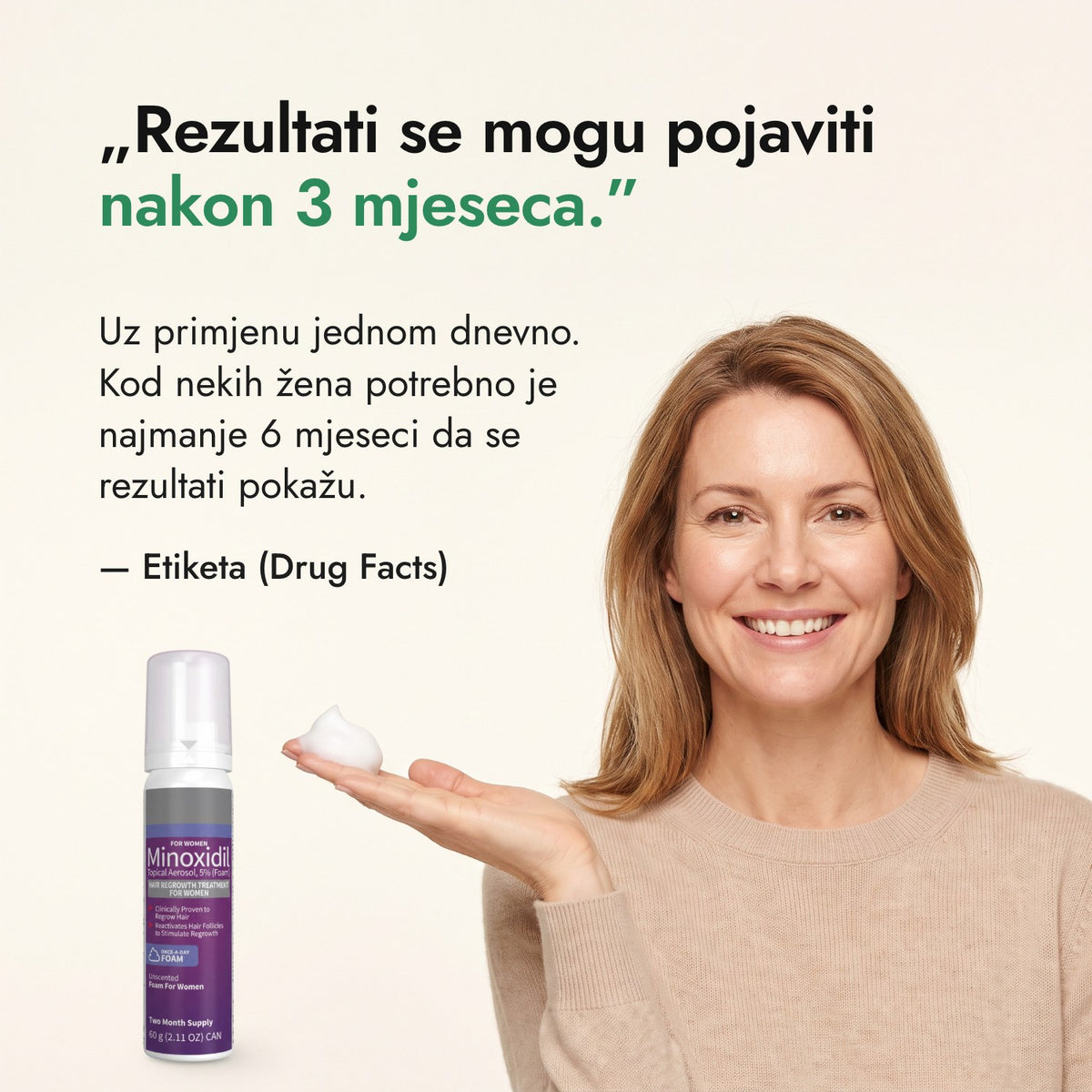 Rezultati se mogu pojaviti nakon 3 mjeseca. — Etiketa (Drug Facts)