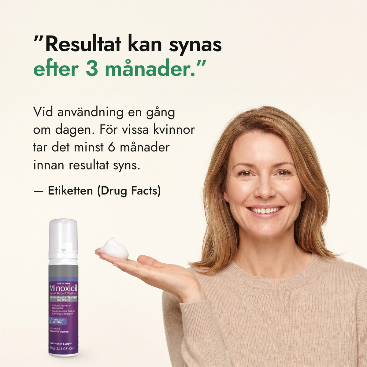 Resultat kan synas efter 3 månader. — Etiketten (Drug Facts)