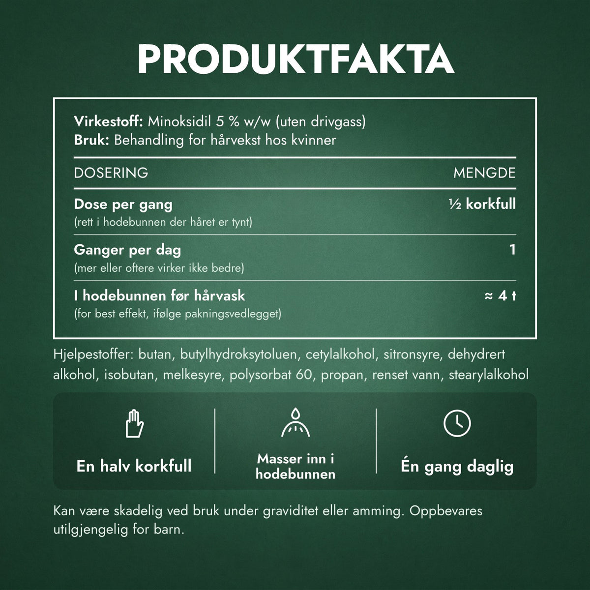 Produktfakta: Minoksidilskum 5 % for kvinner