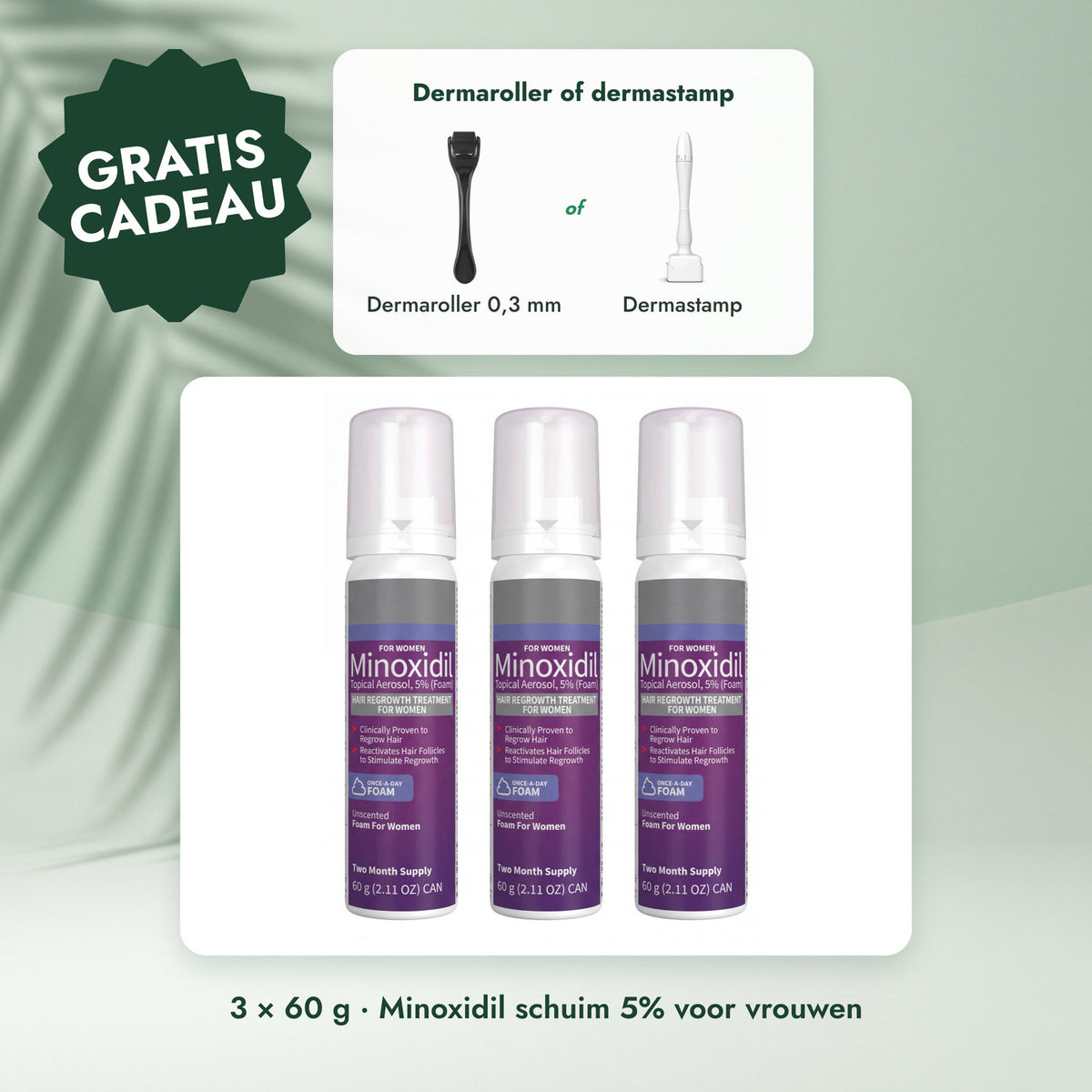 3 × 60 g · Minoxidil schuim 5% voor vrouwen: Dermaroller of dermastamp