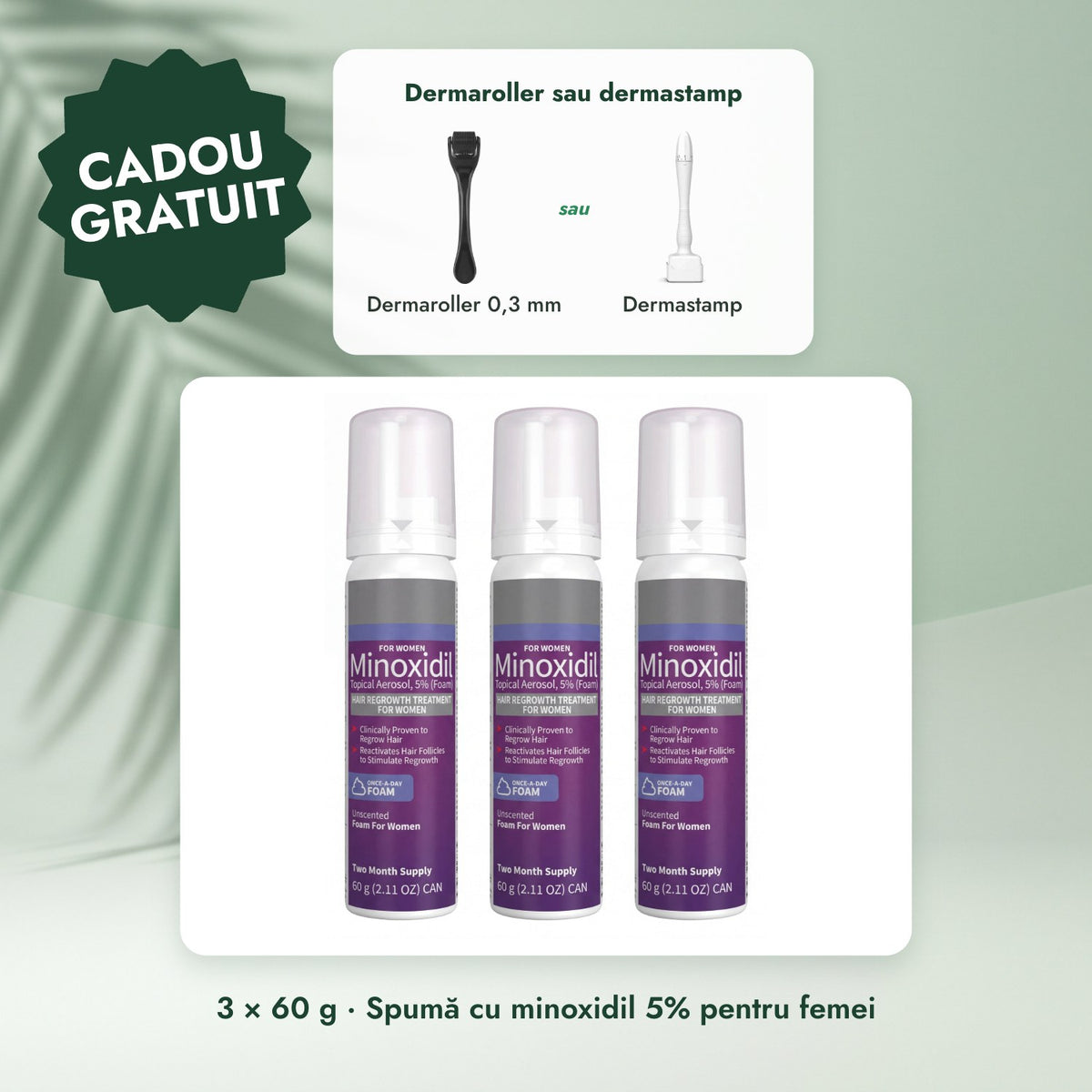 3 × 60 g · Spumă cu minoxidil 5% pentru femei: Dermaroller sau dermastamp