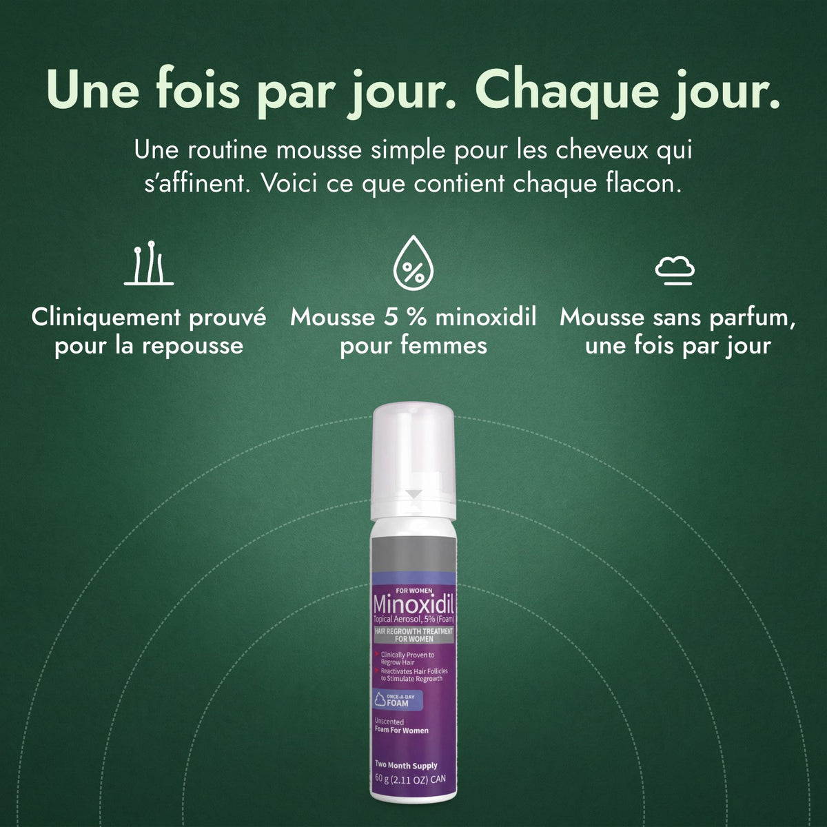 Minoxidil mousse 5 % pour femmes: Une fois par jour. Chaque jour. Cliniquement prouvé pour la repousse, Mousse 5 % minoxidil pour femmes, Mousse sans parfum, une fois par jour