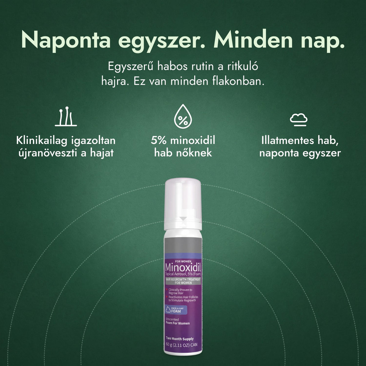 Minoxidil hab 5% nőknek: Naponta egyszer. Minden nap. Klinikailag igazoltan újranöveszti a hajat, 5% minoxidil hab nőknek, Illatmentes hab, naponta egyszer