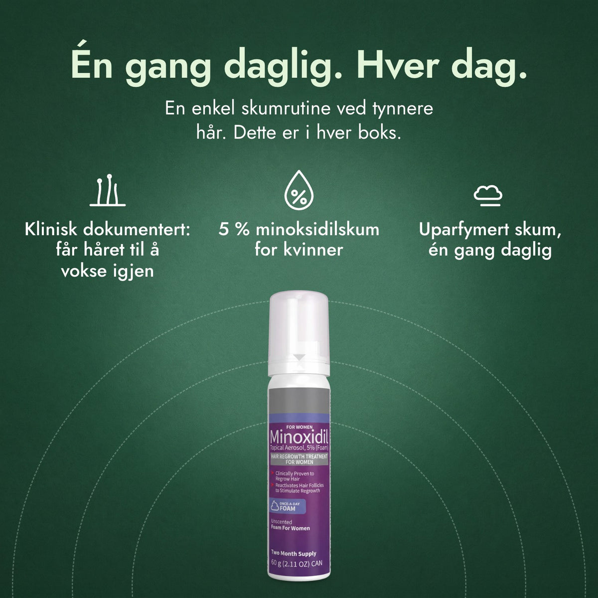 Minoksidilskum 5 % for kvinner: Én gang daglig. Hver dag. Klinisk dokumentert: får håret til å vokse igjen, 5 % minoksidilskum for kvinner, Uparfymert skum, én gang daglig