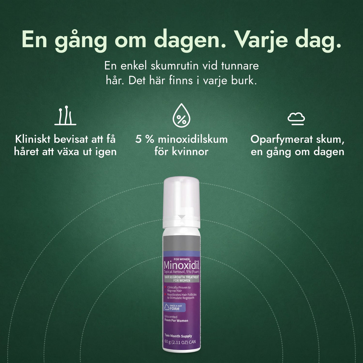 Minoxidil skum 5 % för kvinnor: En gång om dagen. Varje dag. Kliniskt bevisat att få håret att växa ut igen, 5 % minoxidilskum för kvinnor, Oparfymerat skum, en gång om dagen