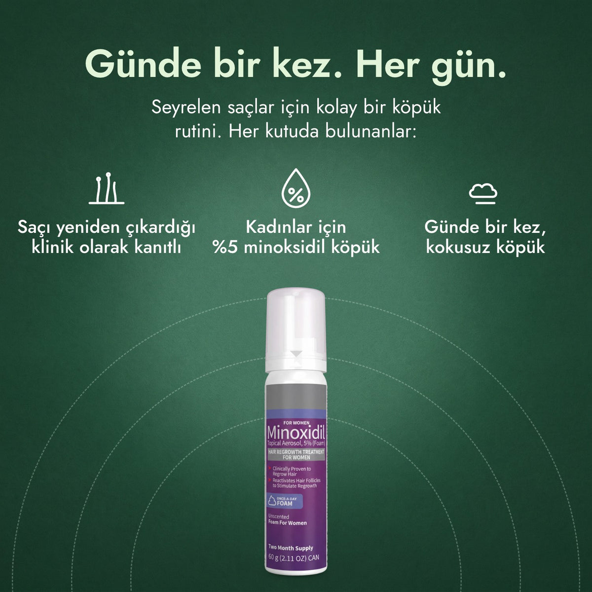 Kadınlar için %5 Minoksidil Köpük: Günde bir kez. Her gün. Saçı yeniden çıkardığı klinik olarak kanıtlı, Kadınlar için %5 minoksidil köpük, Günde bir kez, kokusuz köpük