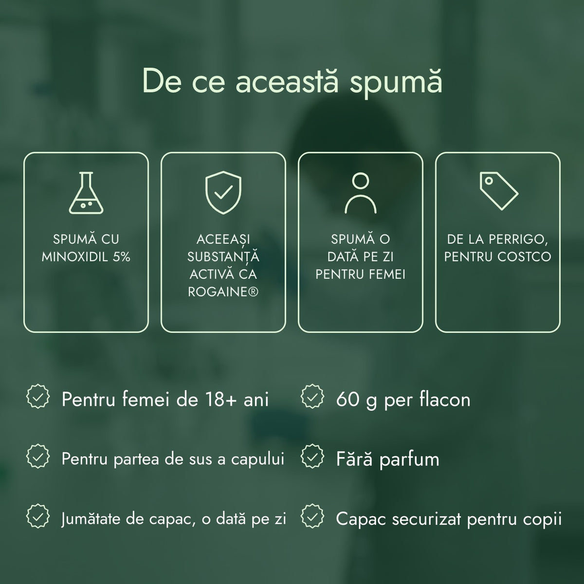 De ce această spumă: Spumă cu minoxidil 5%, Aceeași substanță activă ca Rogaine®, Spumă o dată pe zi pentru femei, De la Perrigo, pentru Costco