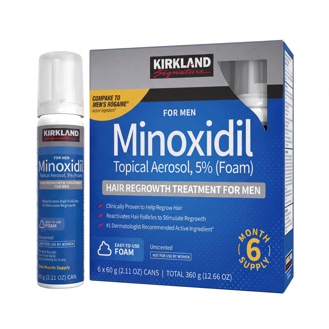 Kirkland Signature Minoxidil Foam 5% for Men - retail box with one 60 g can beside it