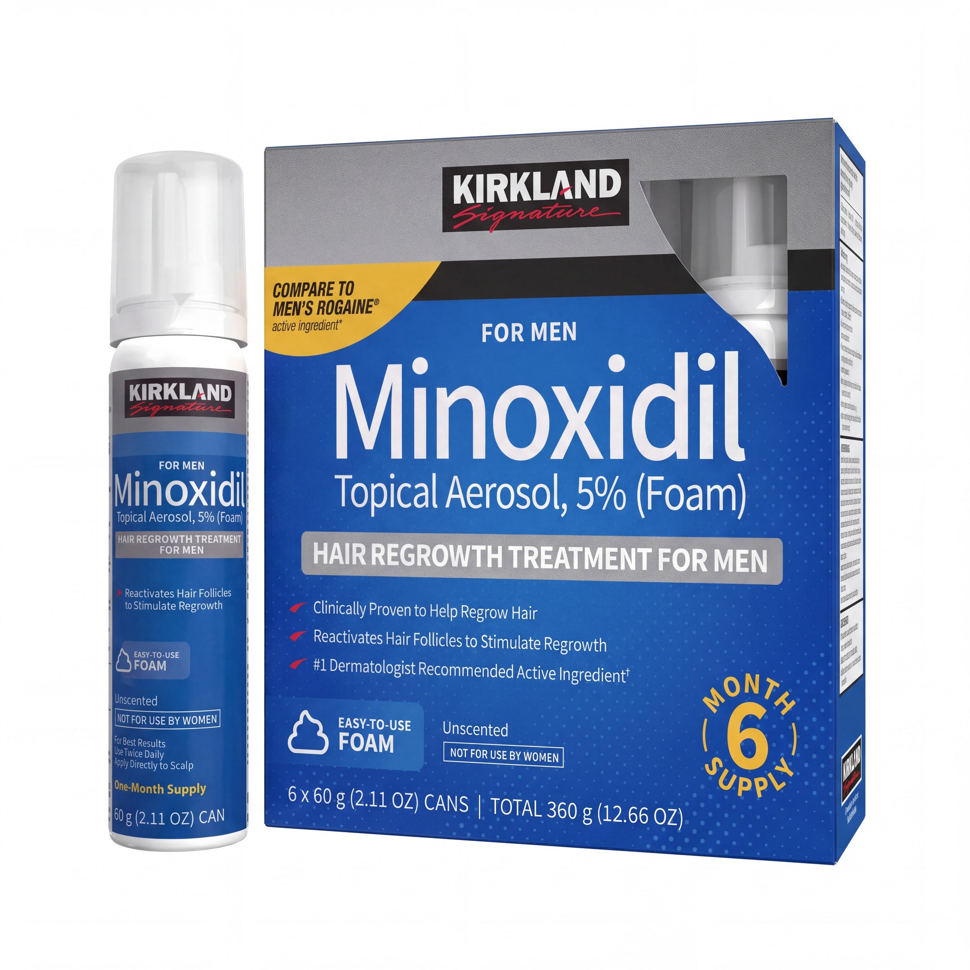 Kirkland Signature Minoxidil Foam 5% for Men - retail box with one 60 g can beside it