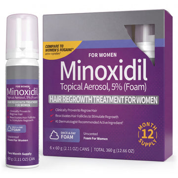 Espuma Kirkland Signature Minoxidil 5% para mulheres - caixa e lata