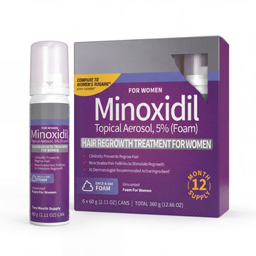 Kirkland Signature Minoxidil Foam 5% for Women - retail box with one 60 g can beside it