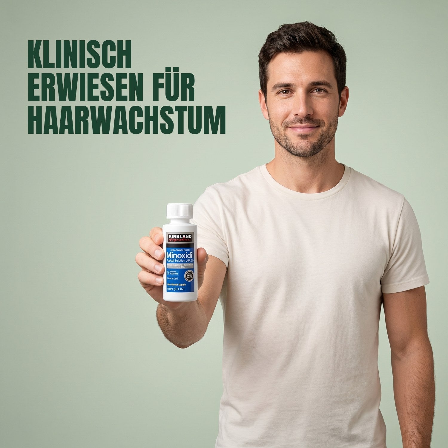 Man holding a Kirkland Signature Minoxidil 5% lotion bottle against a green background