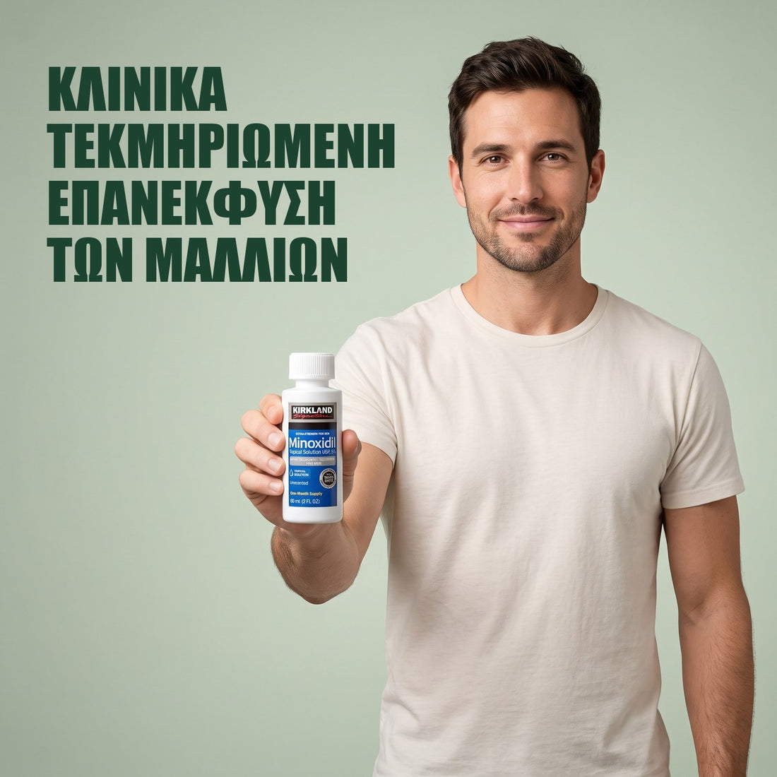 Kirkland Signature Minoxidil 5% διάλυμα για άνδρες με σταγονόμετρο, πιπέτα και κουτί σε λευκό φόντο