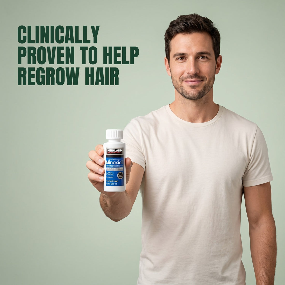 Kirkland Signature Minoxidil 5% lotion for men with dropper, pipette and box on a white background