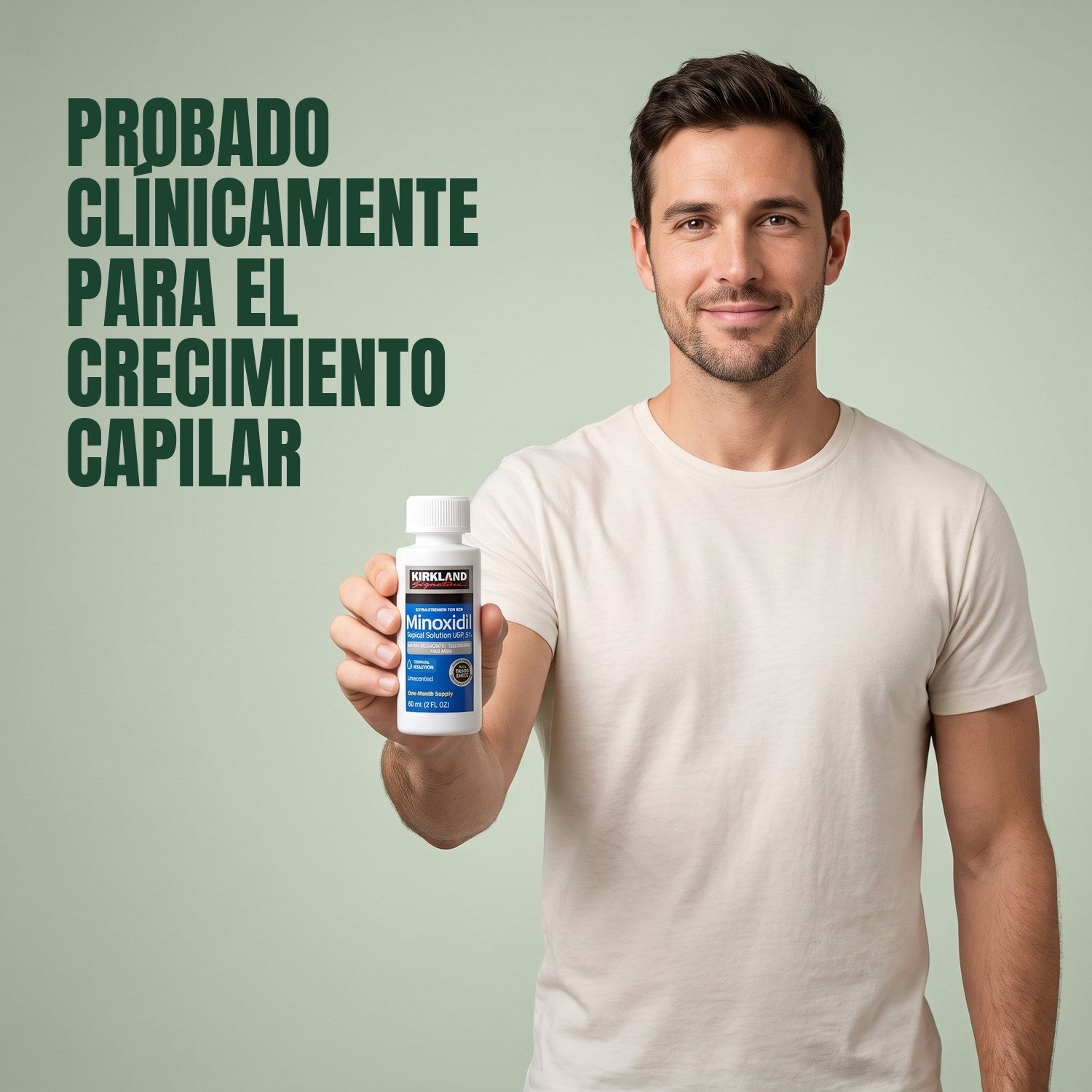 Man holding a Kirkland Signature Minoxidil 5% lotion bottle against a green background