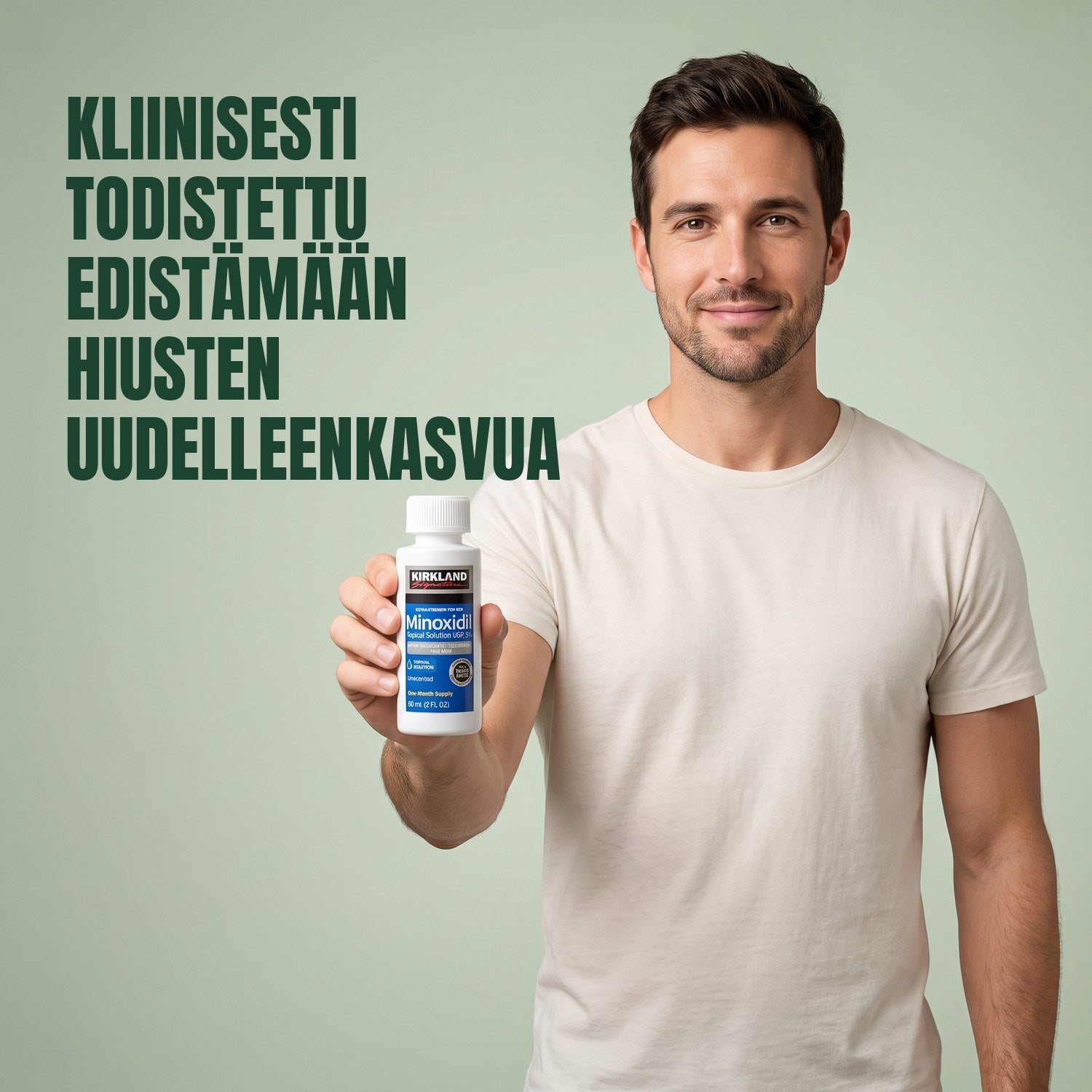 Mies pitelee Kirkland Signature Minoxidil 5% -liuospulloa vihreää taustaa vasten