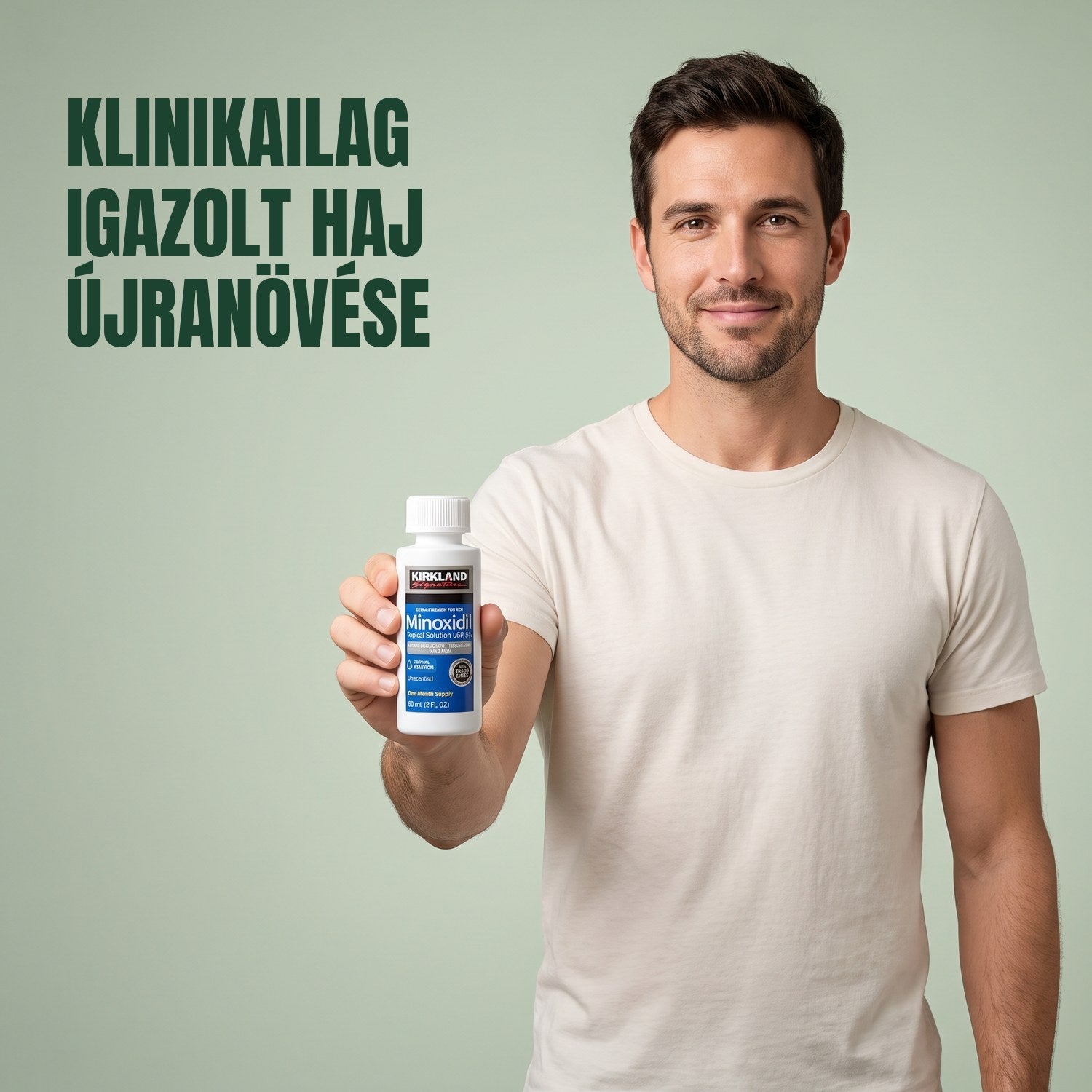 Férfi a Kirkland Signature Minoxidil 5% oldat flakonját tartja zöld háttér előtt