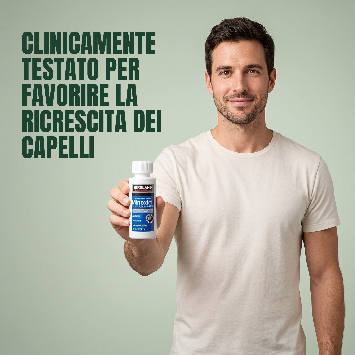 Man holding a Kirkland Signature Minoxidil 5% lotion bottle against a green background