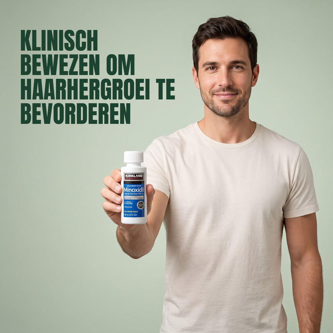 Kirkland Signature Minoxidil 5% lotion for men with dropper, pipette and box on a white background