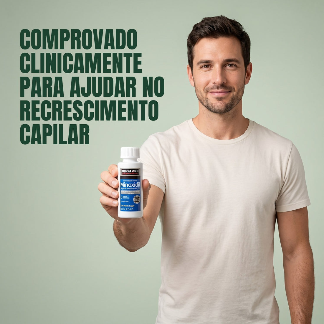 Loção Kirkland Signature Minoxidil 5% para homens com conta-gotas, pipeta e caixa em fundo branco