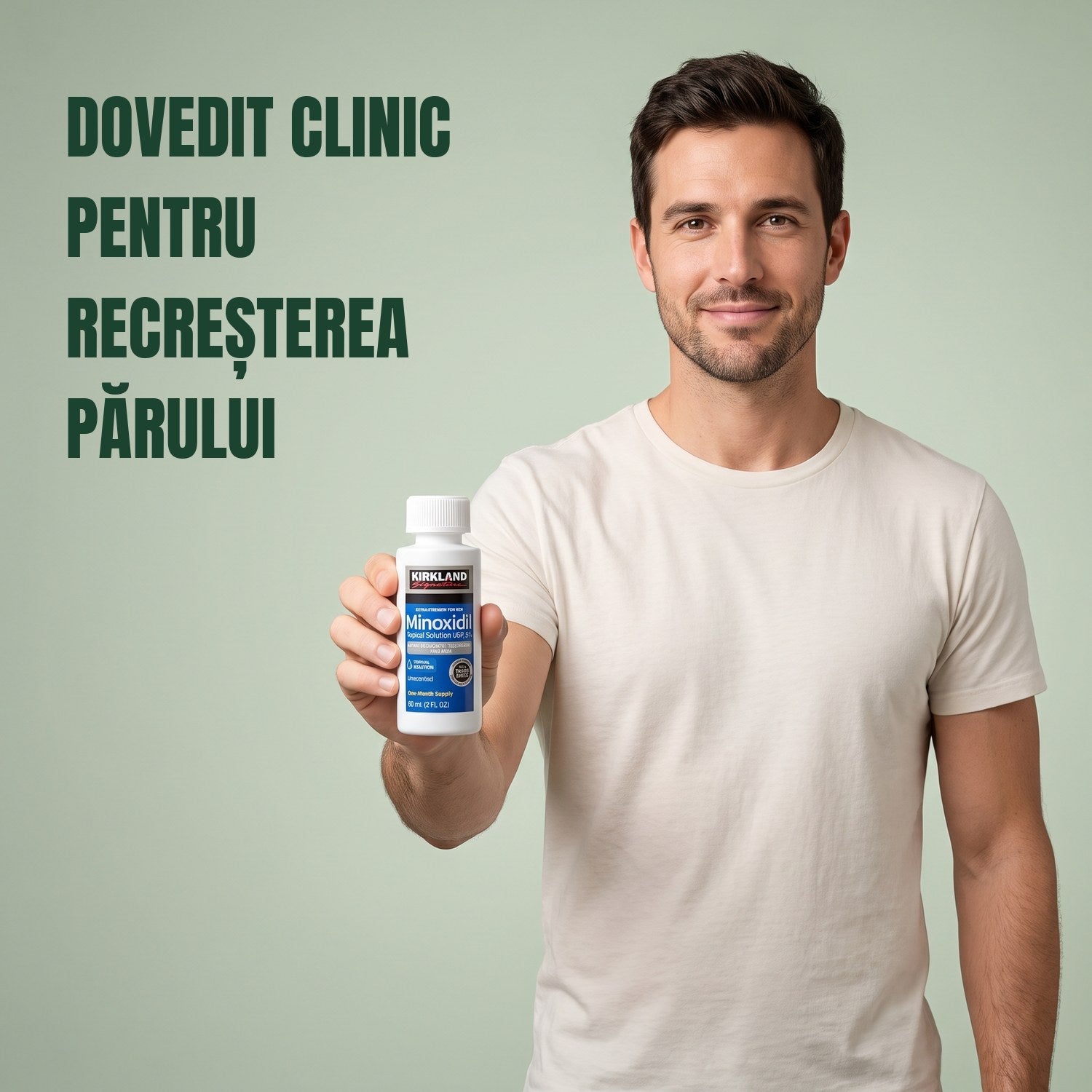 Bărbat ținând o sticlă de loțiune Kirkland Signature Minoxidil 5% pe fundal verde