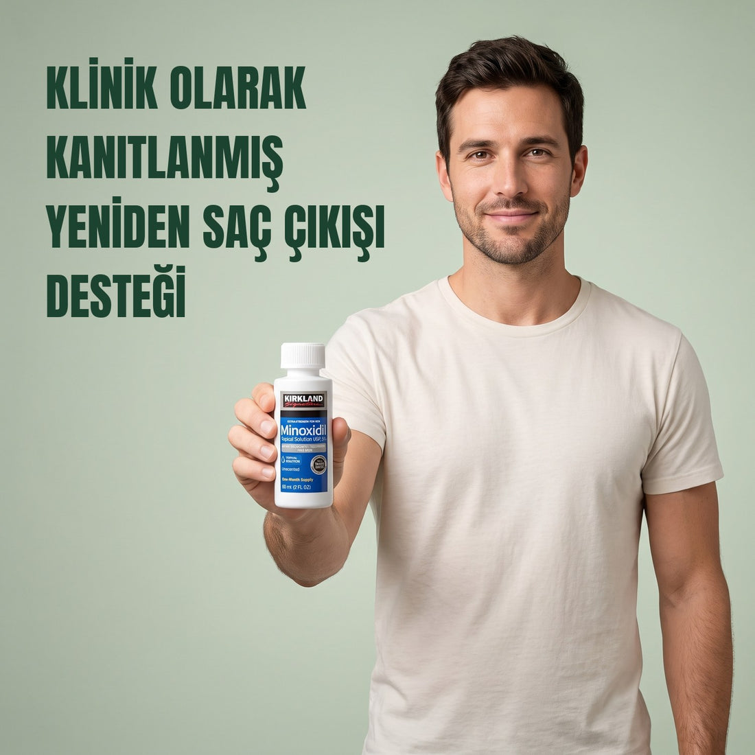 Erkekler için Kirkland Signature Minoxidil %5 solüsyon, damlalık ve pipetiyle beyaz zemin üzerinde kutu