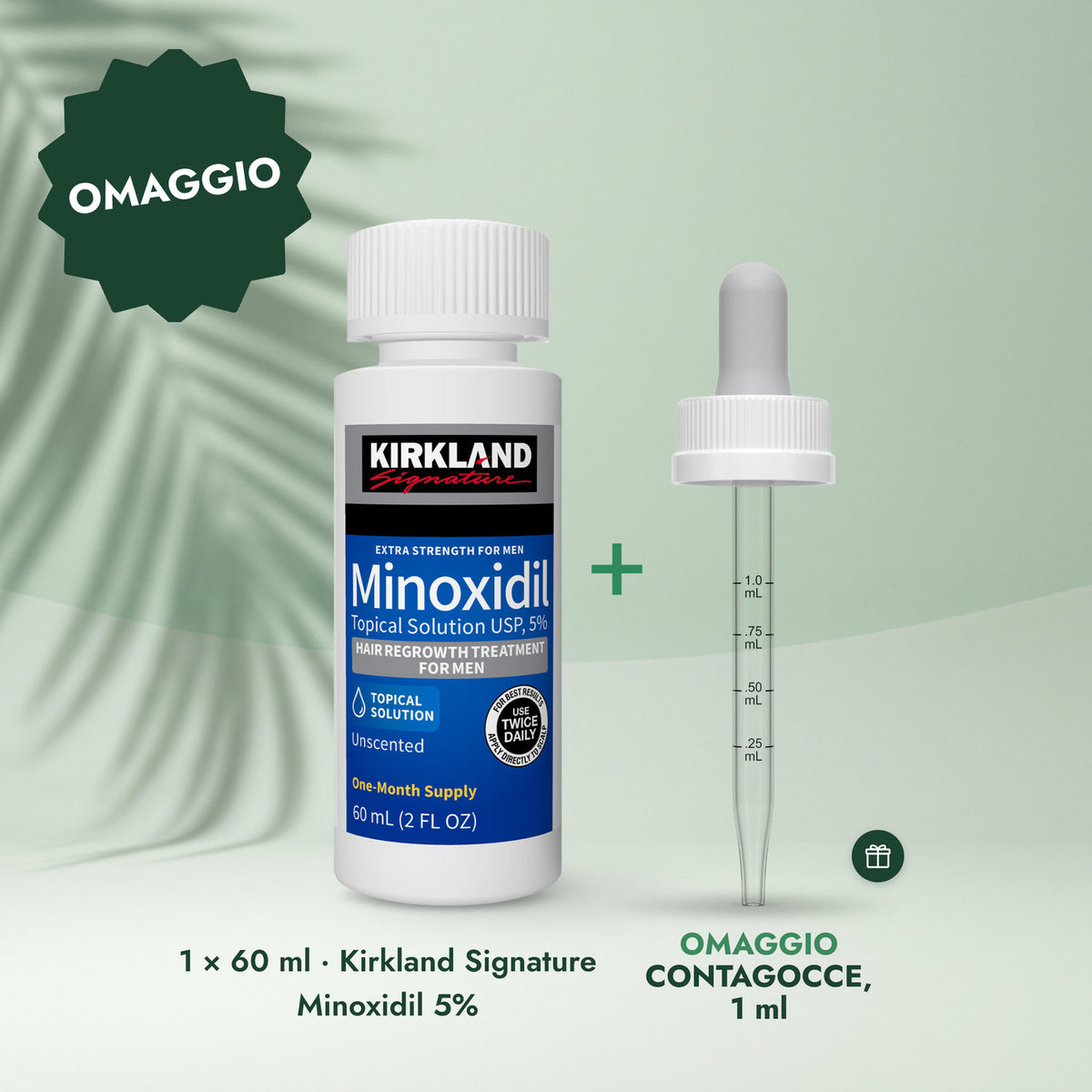 1 × 60 ml · Kirkland Signature Minoxidil 5%: Contagocce, 1 ml
