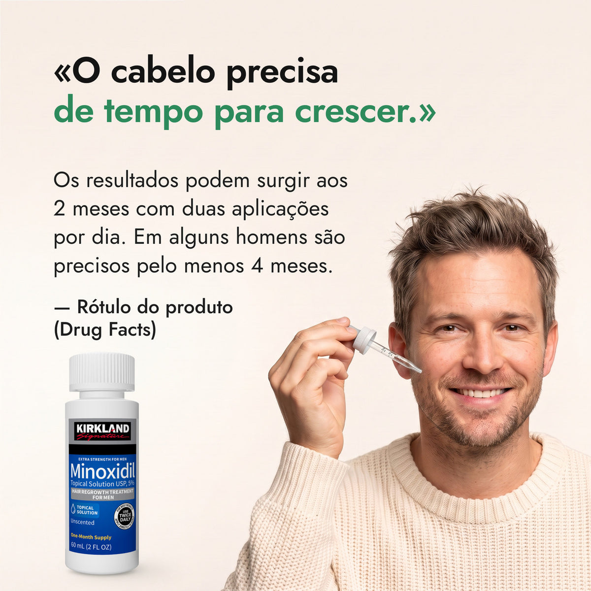 O cabelo precisa de tempo para crescer. — Rótulo do produto (Drug Facts)