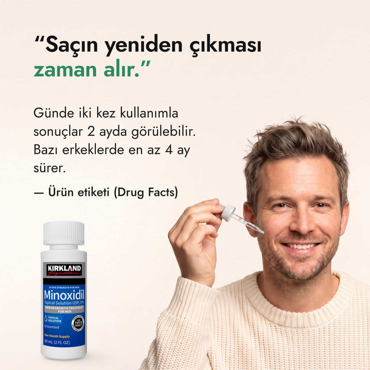 Saçın yeniden çıkması zaman alır. — Ürün etiketi (Drug Facts)