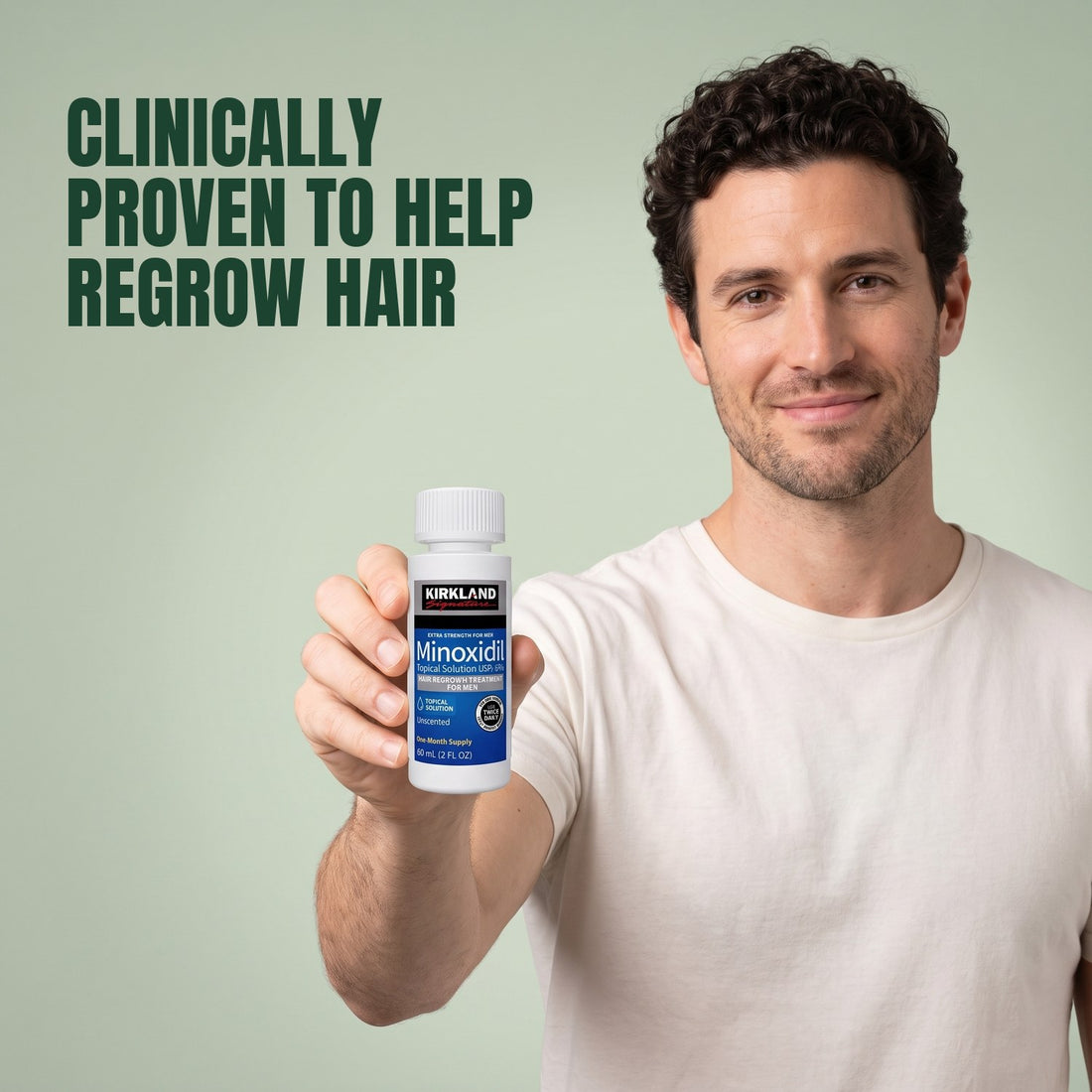 Man holding a Kirkland Signature Minoxidil 5% lotion bottle against a green background