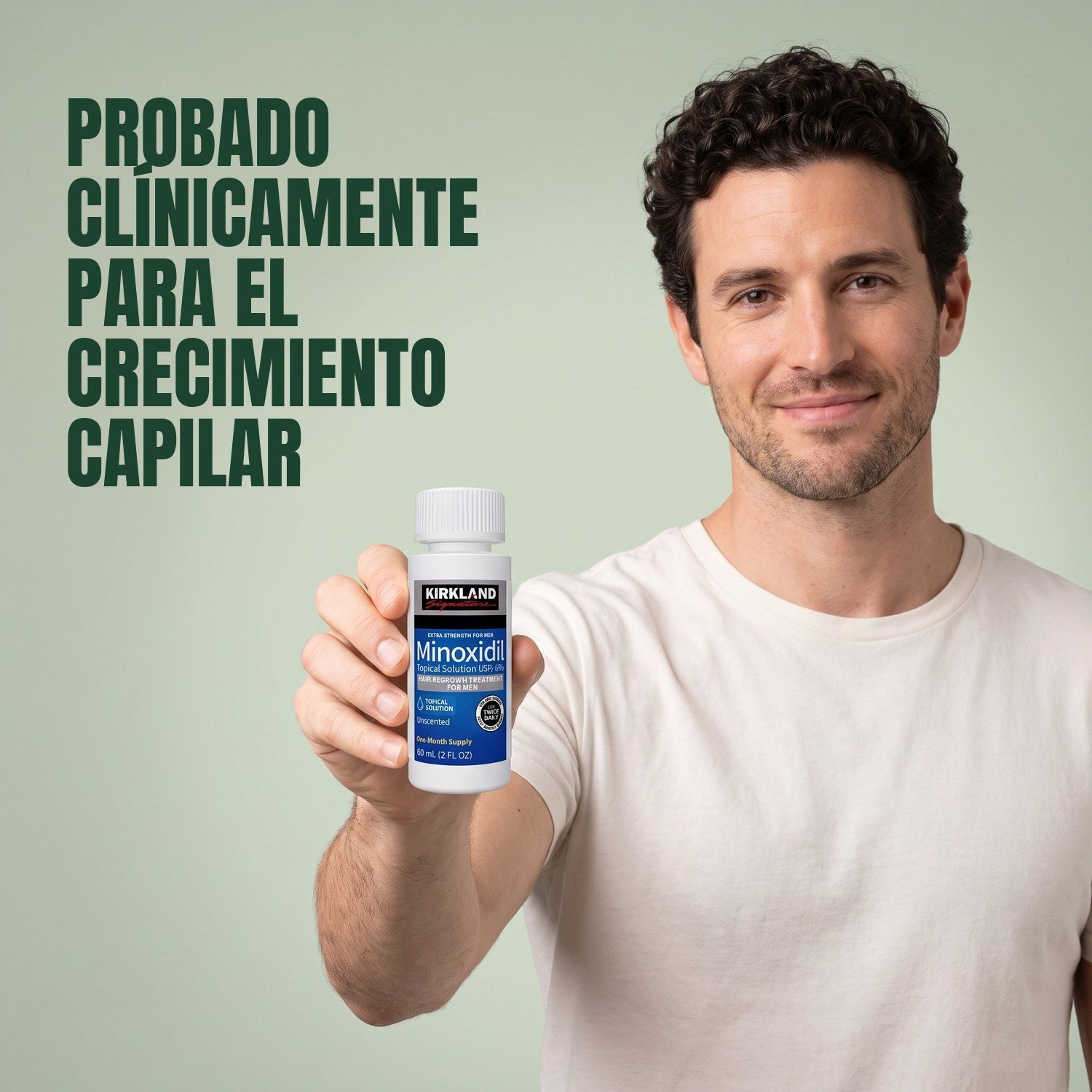 Man holding a Kirkland Signature Minoxidil 5% lotion bottle against a green background